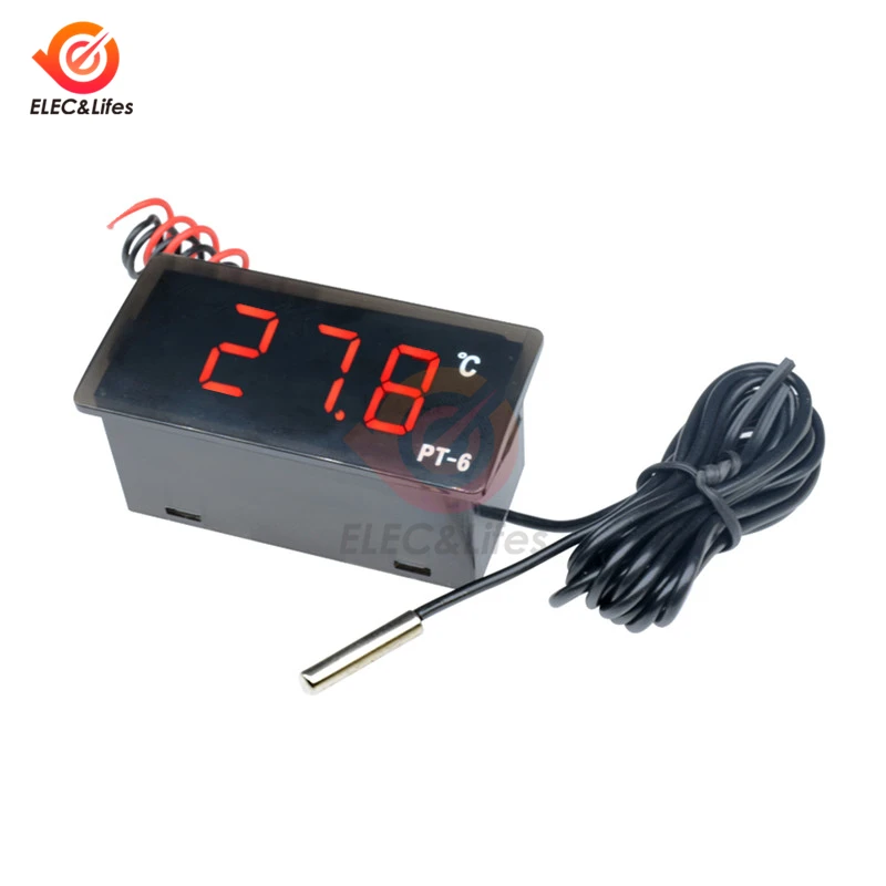 PT-6 AC 220V DC 12V LED Digital Electronic Temperature Meter Tester Embedded Indoor Outdoor Thermometer Gauge with Sensor Probe