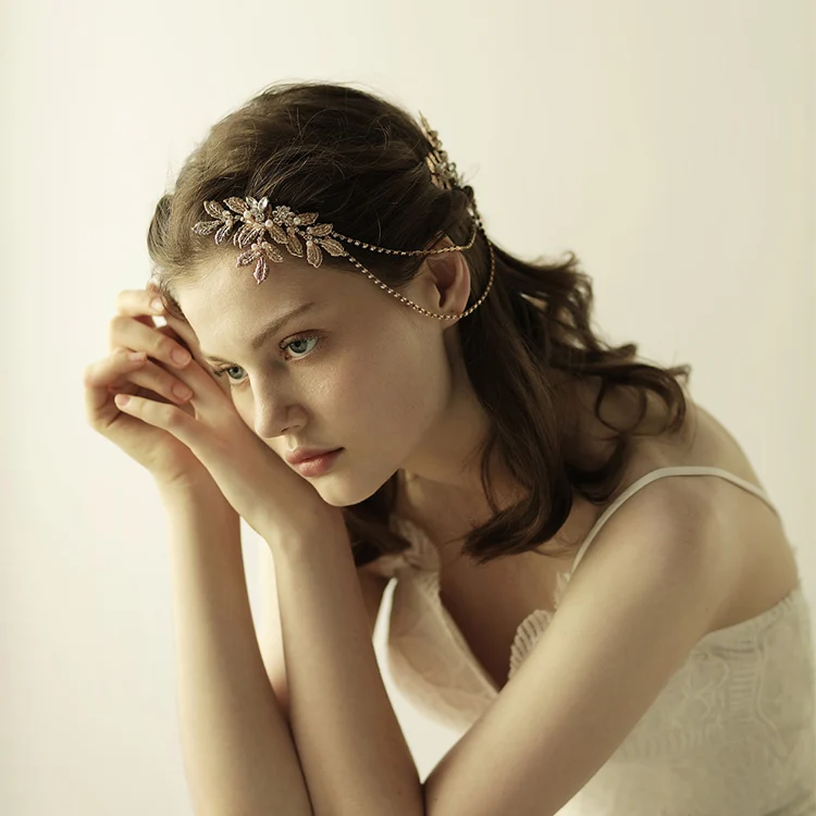 SLBRIDAL Golden Rhinestone Crystal Pearl Floral Leaf Wedding Tiara Comb Headband Bridal Headpiece Hair accessories Women Jewelry