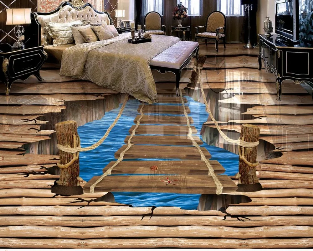 

Waterproof floor mural painting lake ladder 3D wallpaper 3d floor murals PVC waterproof floor Home Decoration