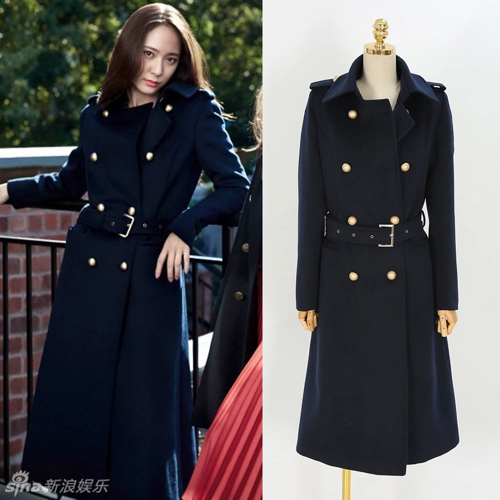 

women winter autumn double breasted wool blends coat dark blue long sleeve jacket women woolen coat