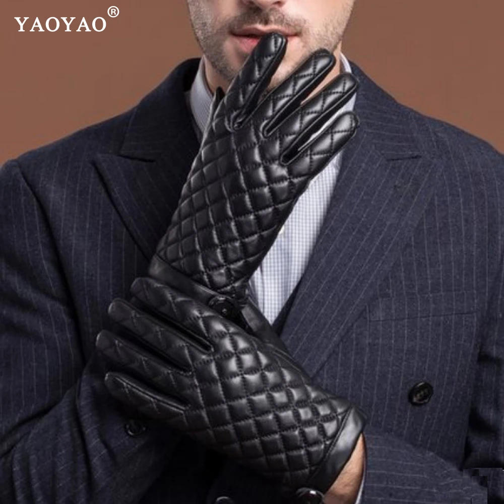 YY5223 Winter Fashion Men's Genuine Leather Thick Velvet Warm Gloves Male Fleece Korean Style Plaid Botton Luvas Gift For Man