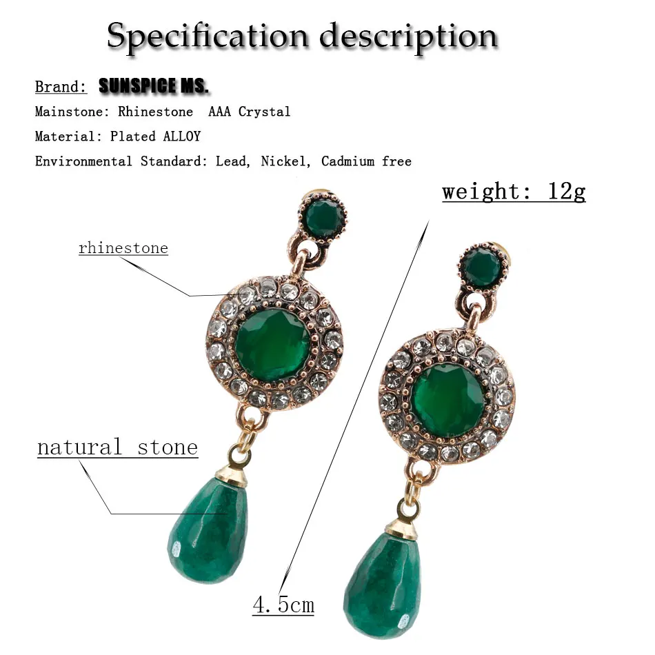 Retro Vintage Small Natural Stones Dangle Earrings Round Crystal Turkish Ethnic Wedding Jewelry Indian Water Drop Bead