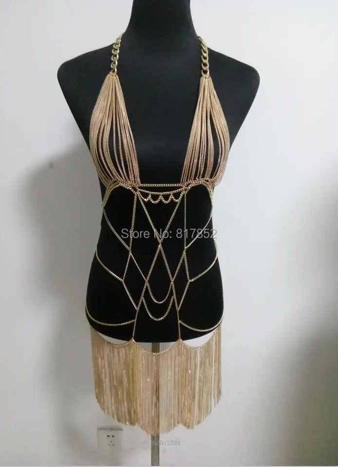 

NEW STYLE FASHION WOMEN HARNESS GOLD COLOUR CHAINS FULL BODY LONGER CHAINS JEWELRY 3 COLORS WRB02