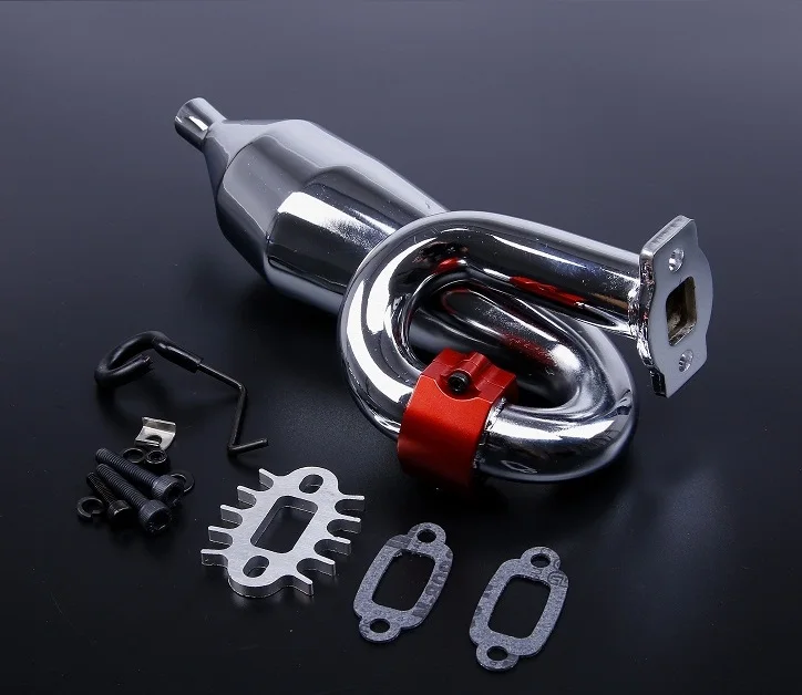 NEW Rovan Rear Mount Chrome Steel High Performance Tuned Pipe with CNC Aluminum Red Clamp