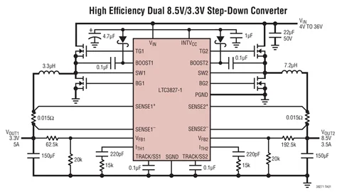 LTC3827 LTC3827EG-1 LTC3827IG-1 - IQ ต่ํา, คู่, คอนโทรลเลอร์สเต็ปดาวน์ซิงโครนัส 2 เฟส