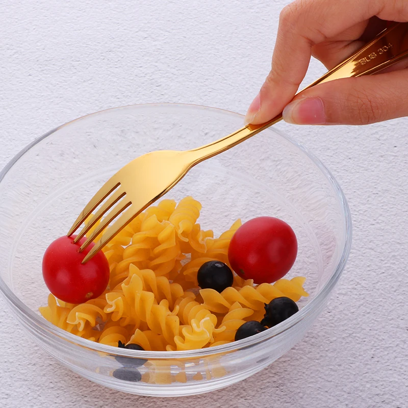 1Pc Children Fork Food Grade Stainless Steel Forks Gold For Fruit Salad Small Round Handle Dinnerware Useful Kids Eating Tools