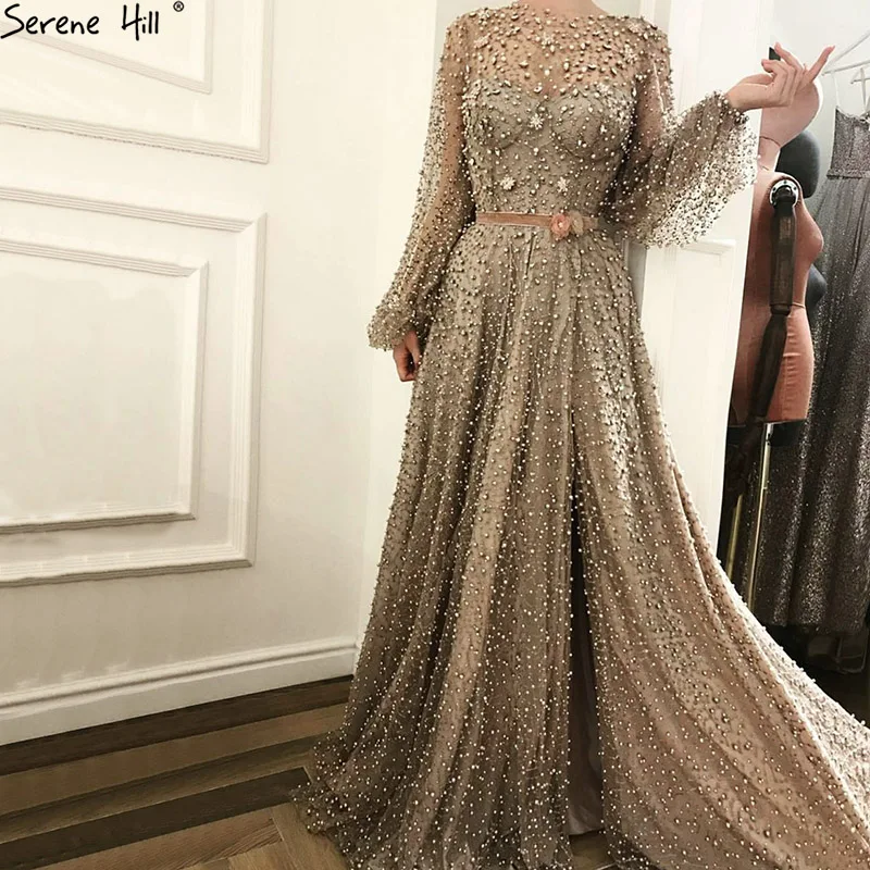 Brautjungfer Kleider 2022 Arabischen Kleid Luxus Diamant Perlen Sparkle Prom Kleider Lange Ärmel Mode Sexy Party Kleider