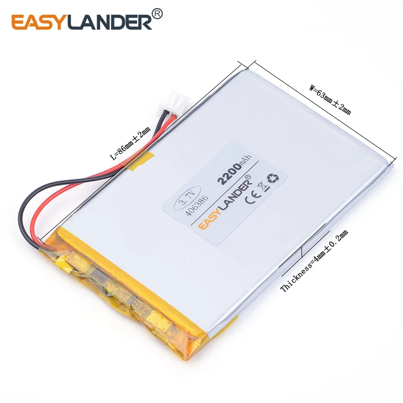 

3pcs /Lot 3.7v lithium Li ion polymer rechargeable battery XHR-2P 2.54 406386 2200MAH For GPS DVR toys MP4 MP5 Speaker E-book