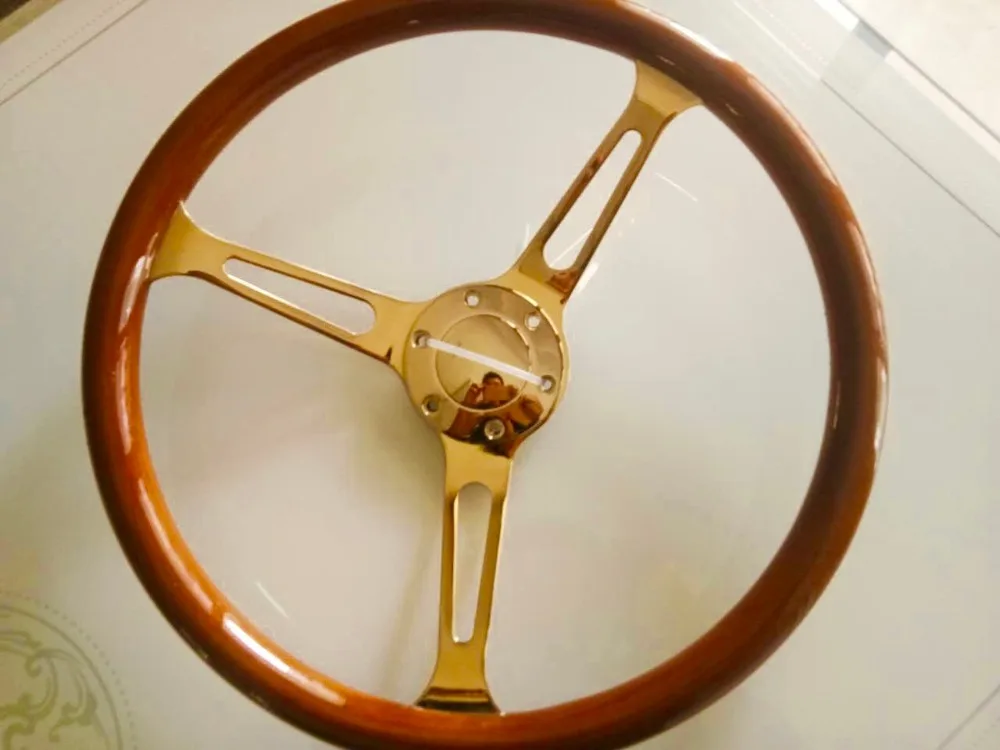 universal high quality 380mm /15inch/38cm  Wooden Phoebe Electroplating racing car steering wheel with horn golden color