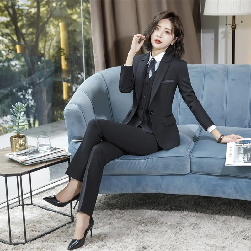 IZICFLY Spring Autumn Black Female Uniform Business Suits with Trouser Elegant Slim Office Blazer Set For Women Work Wear Gray