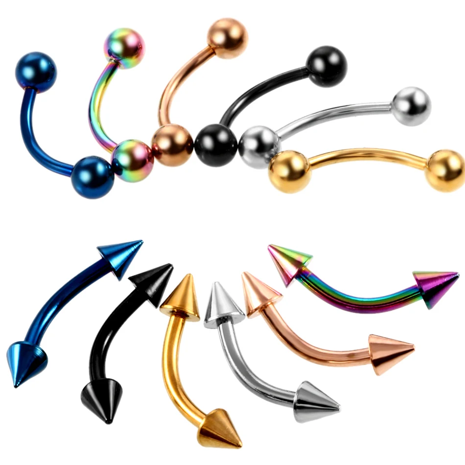 10pcs/lot Stainless Steel Colorful Curved Barbell Double Spike&Ball End Eyebrow Piercing Rings Banana Barbell Piercing Jewelry