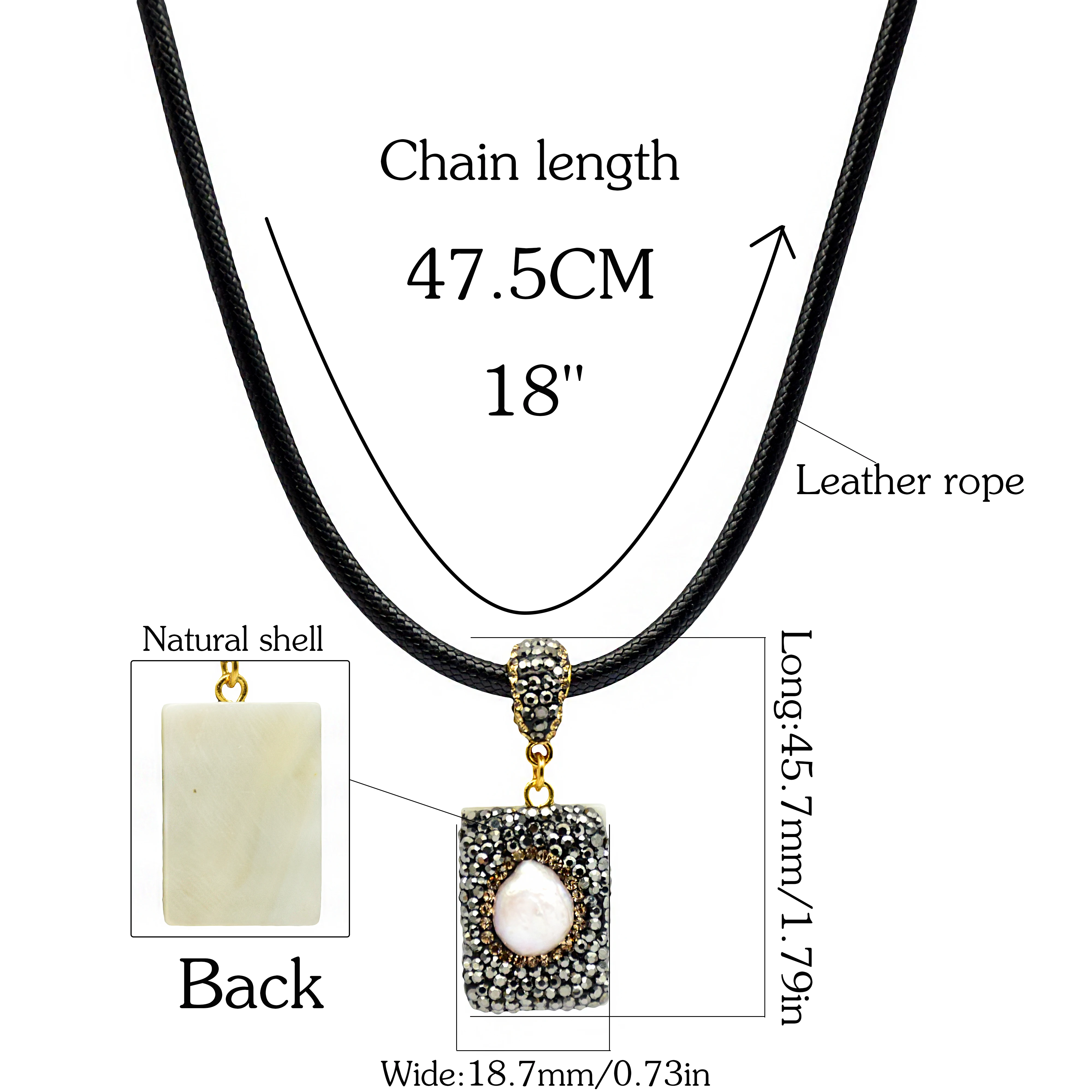 Square pendants shell necklace women diy leather rope men pearl necklace fashion jewelry making