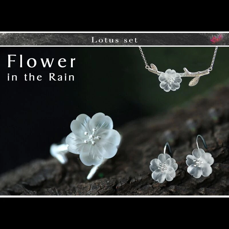 

Lotus Fun Moment Real 925 Sterling Silver Handmade Fashion Jewelry Flower in the Rain Jewelry Set with Ring Earring Necklace