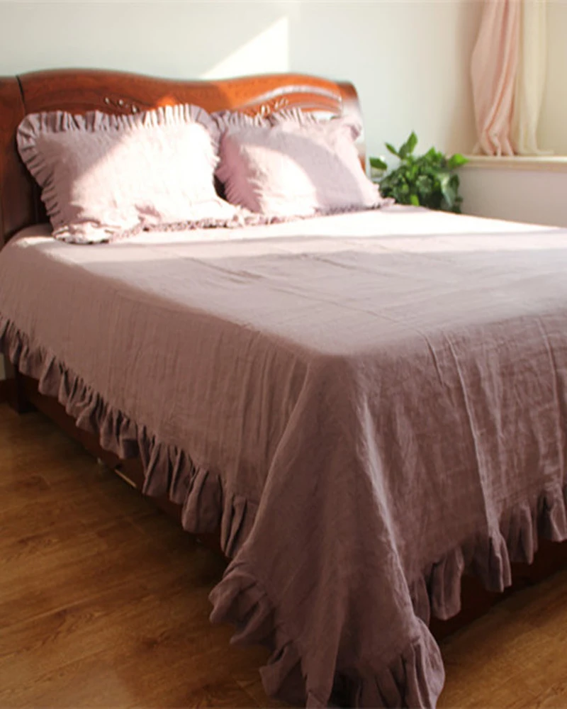 Ruffled French Linen Bedding Sets King Size Flax Pure Washed Linen Sheets Set Pillowcase Pink Bed Cover Queen Bedsheet  3Pcs