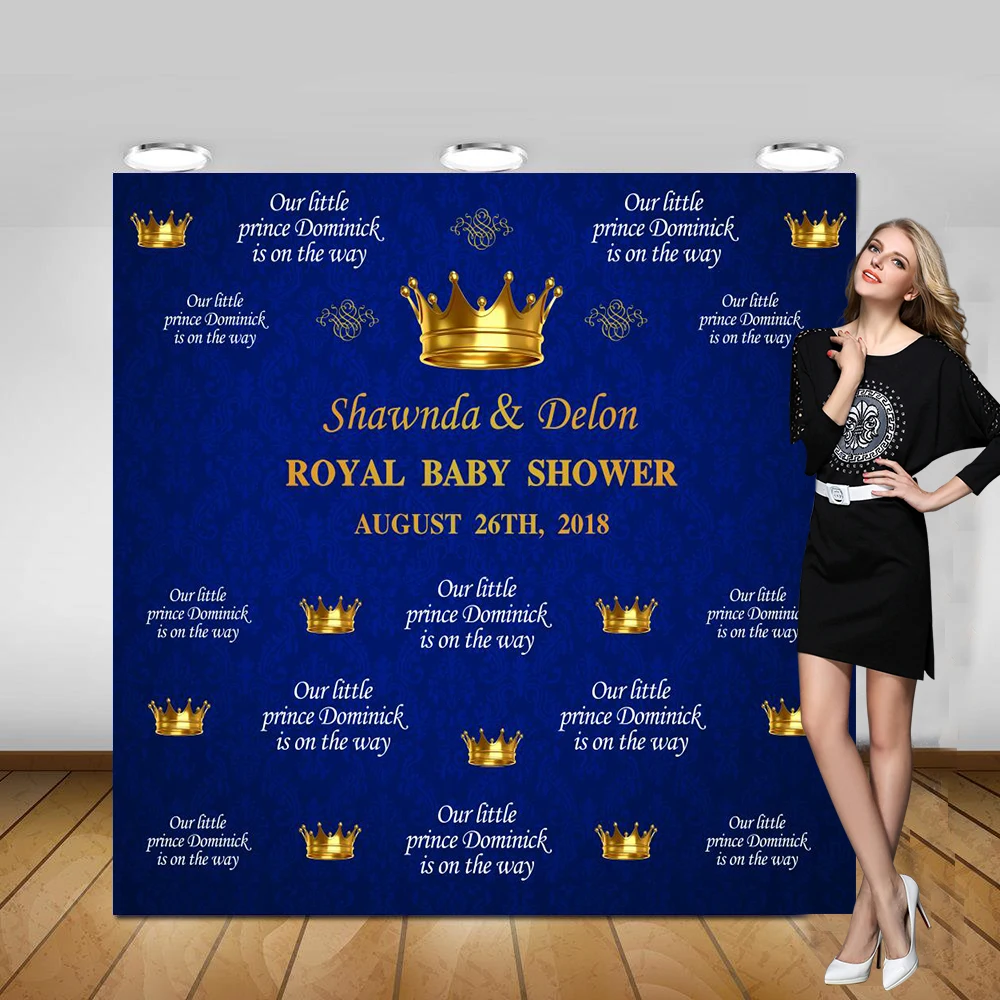 Custom Royal Blue Gold Little Prince Crown Baby Shower background polyester or Vinyl cloth Computer print birthday backdrop