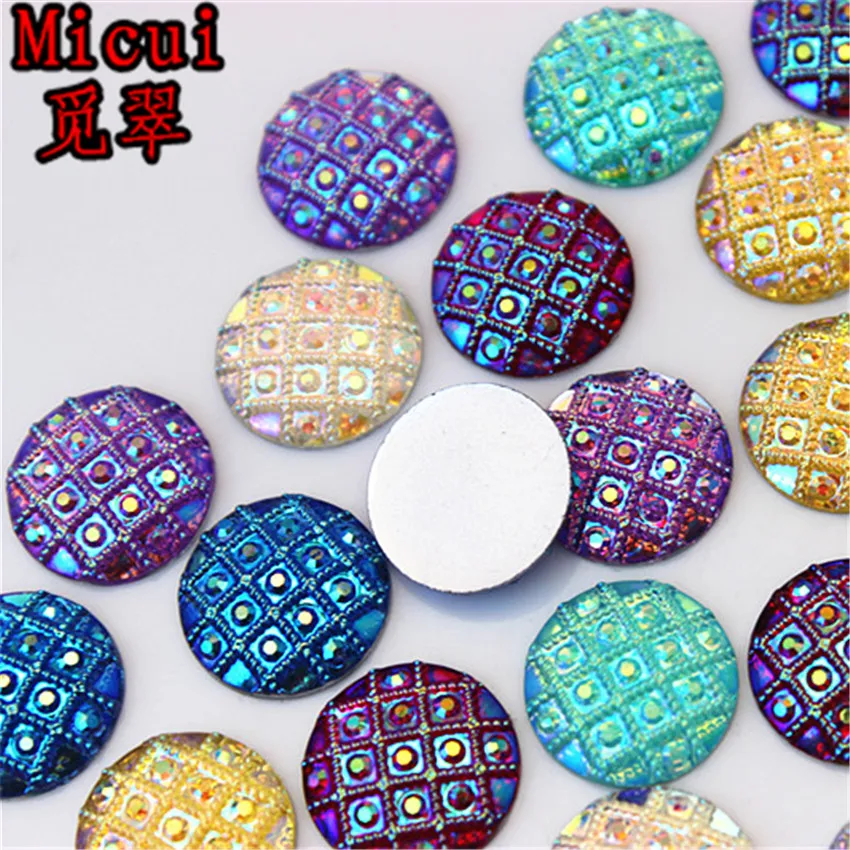 Micui 100pcs 14mm AB Color Flatback Resin Round Stone flatback resin rhinestone for Wedding dresses Clothing Accessories ZZ487