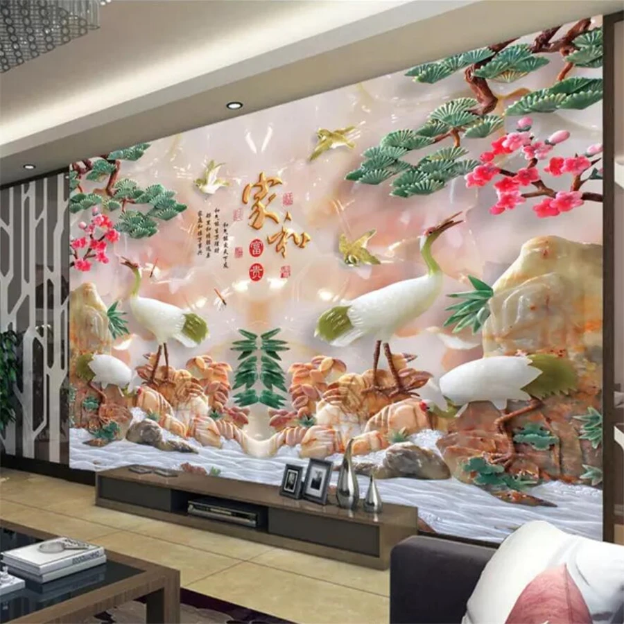 

wellyu Custom Photo Wallpaper 3d Murals Home and Fook Bamboo Crane Yannian Jade Carving TV Wallpaper papel de parede 3d behang