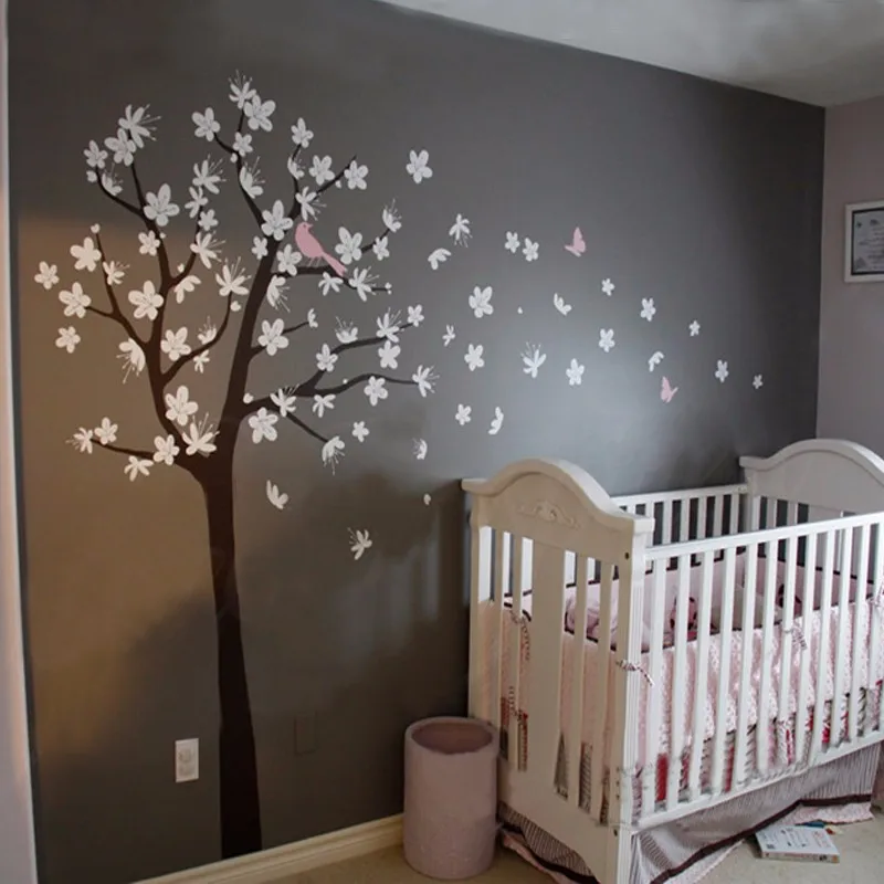 Cherry Blossom Tree Wall Decals Contemporary Large Tree with Birds Butterflies Flowers Wall Stickers for Kids Rooms Mural D636