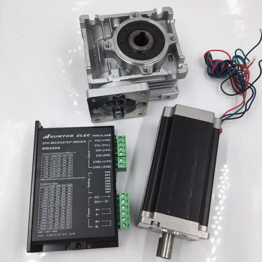 Nema23 Stepper Motor L56mm 50:1 Worm Gearbox Speed Reducer 2ph 55Nm 3A with Stepper Driver 24-50VDC CNC Kit