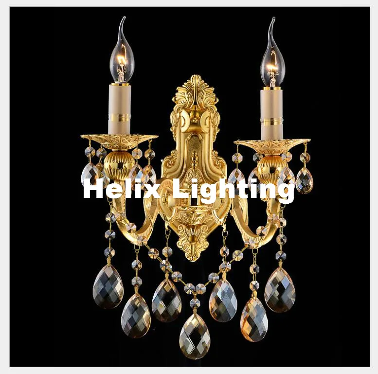 European Crystal Wall Lamps 2 Lights Golden Color Vintage Wall Sconce Light E14 LED Crystal Wall Bracket Bra Bed Wall Lighting