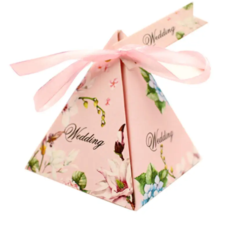 100pcs/lot Pyramid Style Wedding Favour Boxes Sweet Spring Flower Party Favor Candy Boxes with Ribbon Tag