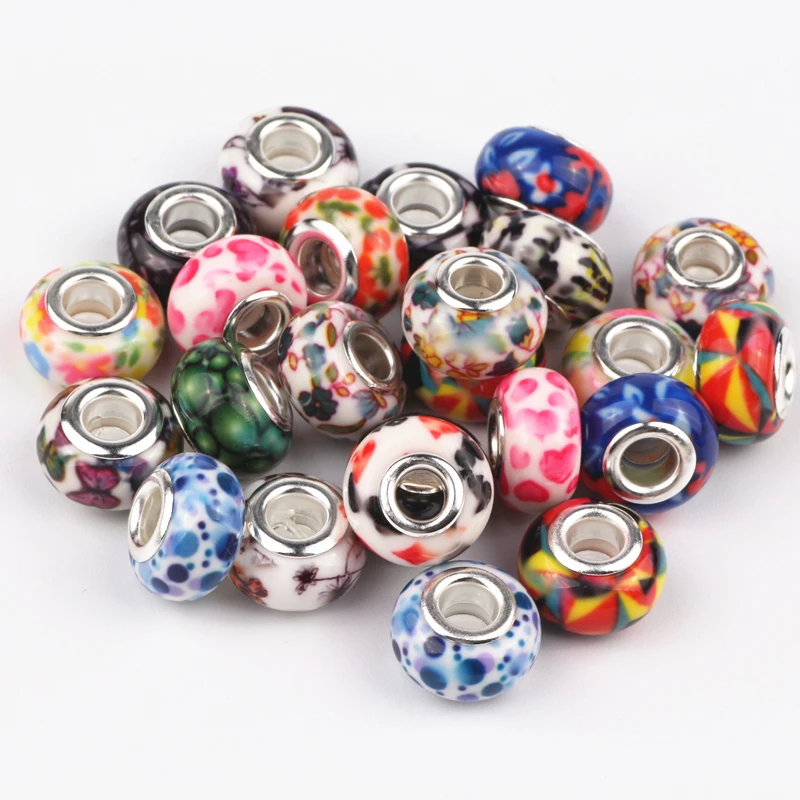 

14MM Mixed Style Acrylic Silver Plated Cord Big Hole Loose Beads Charms Fit Charms Jewelry Bracelet Findings 100pcs/lot
