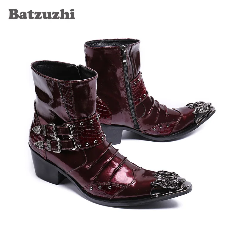 

Batzuzhi Punk Genuine Leather Men Ankle Boots Iron Pointed Toe Zip Mens Cowboy Boots High Top Buckles Botas Hombre