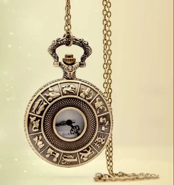 Vintage Bronze antiques Fashion quartz 12 zodiac Hollow out Modern clock Necklace pocket watches gift