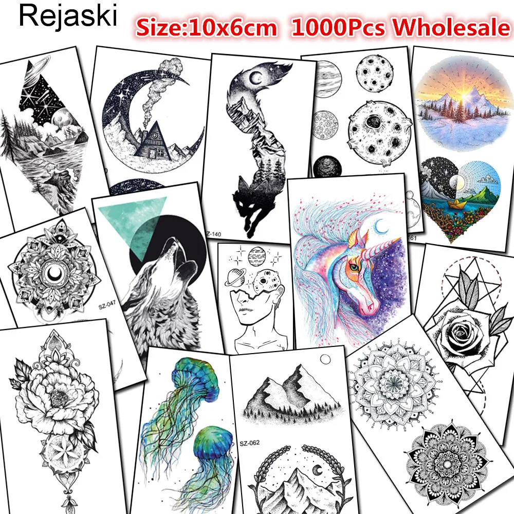 

Rejaski 1000 Pieces Wholesale Temporary Fake 10x6cm Tattoo Galaxy Henna Unicorn Tatoos Body Art Men Women Makeup Tattoo Stickers