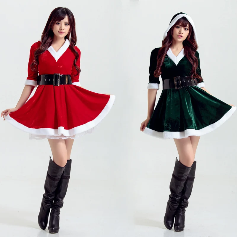 Christmas Party Women Santa Claus Costume Red Green Velvet XMAS Dress Christmas Tree Cosplay Fancy Dress