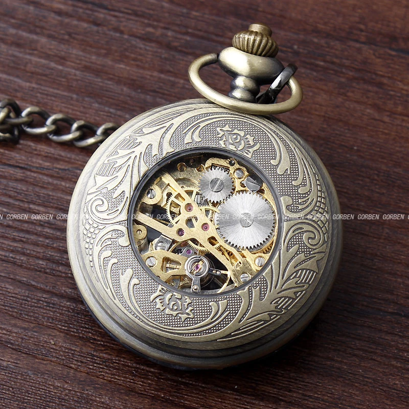 Vintage Steampunk Gears Hollow Bronze Mechanical Pocket Watch Hand Wind Skeleton Necklace Clock Men Womens Gifts