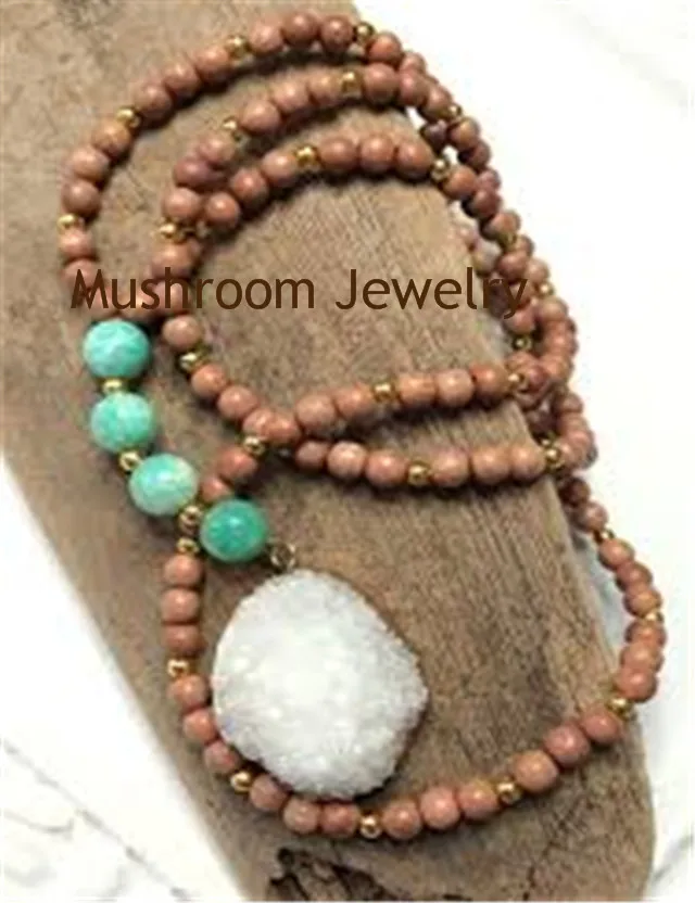 

NaturalDrop Pendant Necklace Wood Beaded Necklace Layered Long Necklace Boho Yoga Necklace