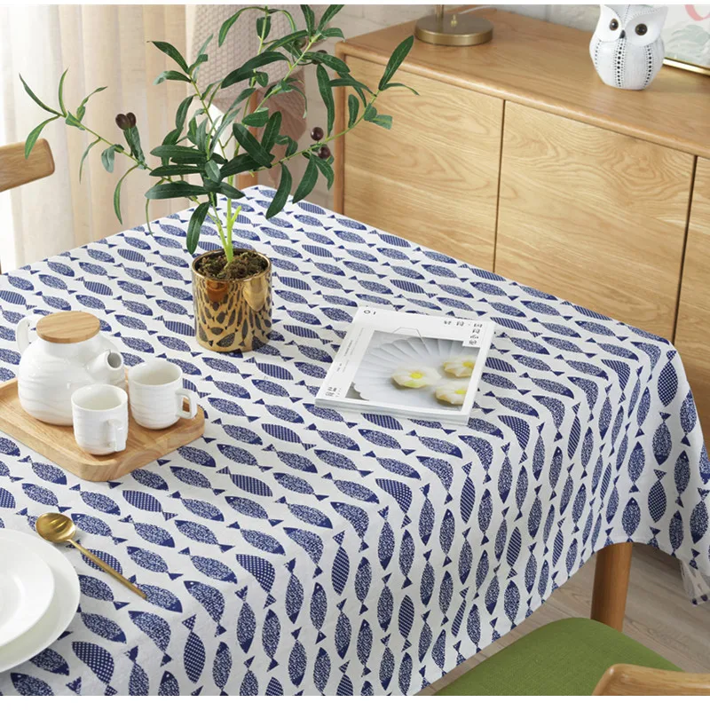 Thicken Cotton Linen Tablecloth Simple Blue Fish Print Cover Japanese Style Washable Table Cloth for Wedding Tea Table