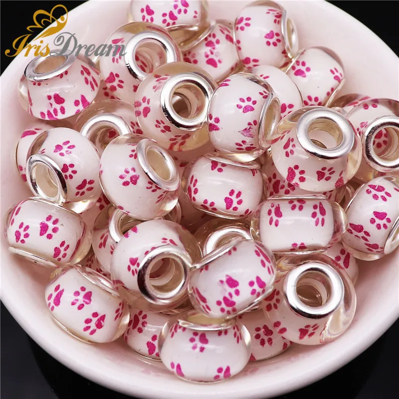 10Pcs Cute Lovely Dog Paws Rondelle Large Hole Spacer European Beads fit Pandora Bracelet Chain Necklace Bead for Jewelry Making