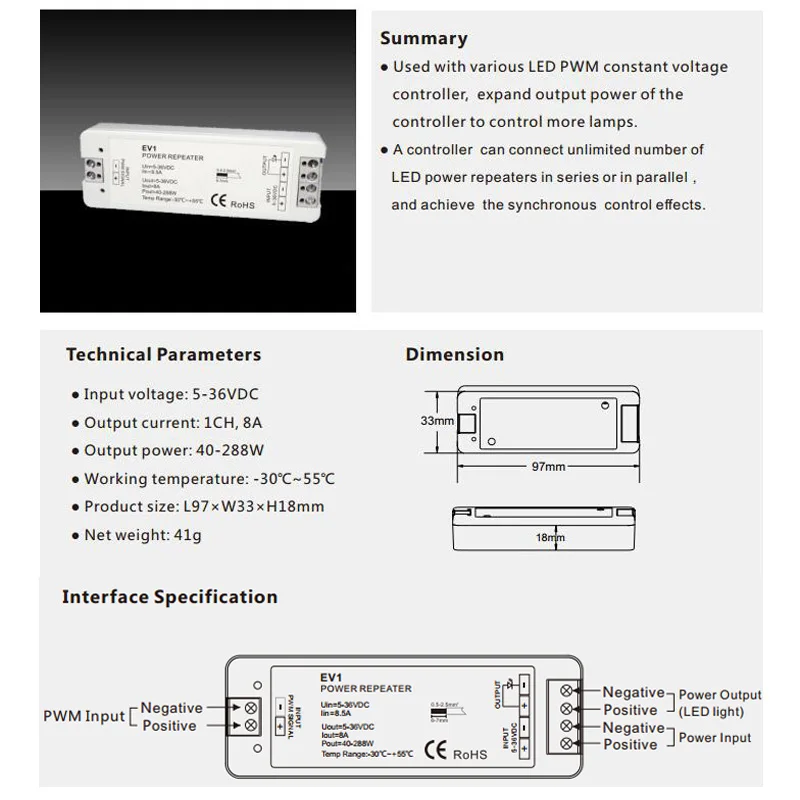 LED Dimmer Power Repeater 5V 12V 24V 36V 1 Channel 8A Singal Amplifier for Synchronously Single Color LED Strip MJJC-EV1