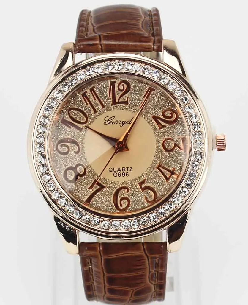 New Fashion Trendy Women Rose Gold Bling Dial Crystal Black White Pink Brown Leather Band Quartz Wrist Watch