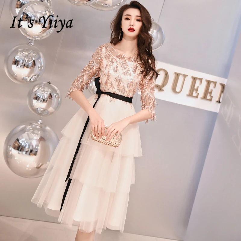 It\'s Yiiya Prom Dress Champagne O-neck Sequins Tassel Half Sleeves Knee-length Plus size Women Party Night Vestidos De gala E434