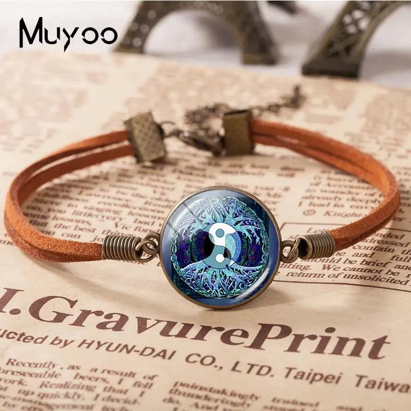 2018 New Yin Yang Bracelet Tree Life Leather Bracelets Hand Craft Glass Cabochon Jewelry