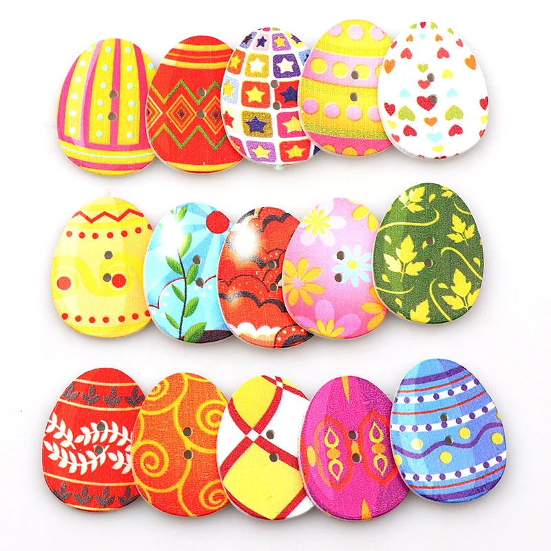 Fashion Egg Craft 50PCS 24*31MM Mixed BeautifulWooden Buttons Easter Eggs Painting 2 Hole Fit Sewing DIY Scrapbooking Craft