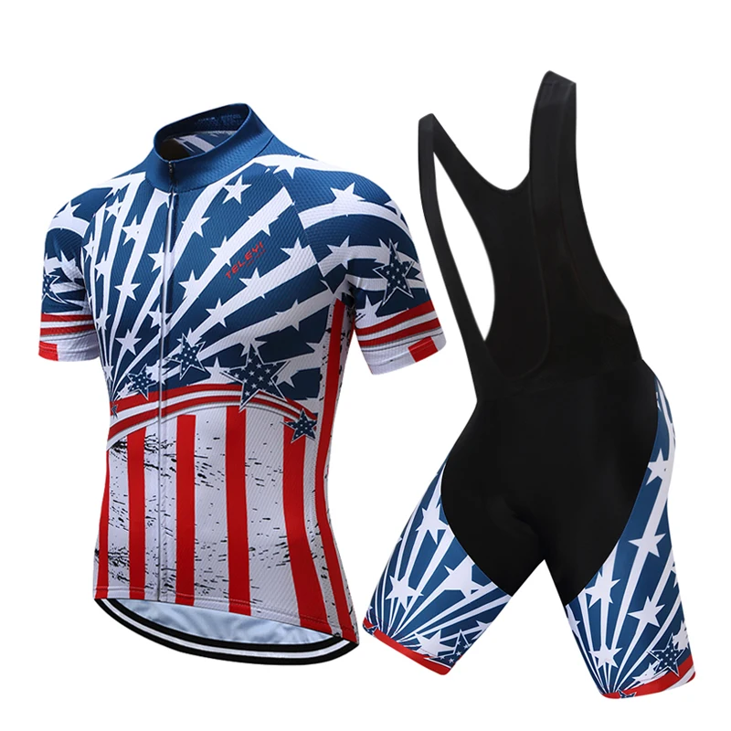 2021 USA Men's Cycling Jersey Sets Short Sleeve Summer Breathable Jersey Bib Shorts Gel Padded Blue S-4XL