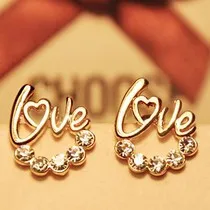 Cheap Korean fashion cute shiny imitation diamonds LOVE earrings jewelry wholesale women  free shipping