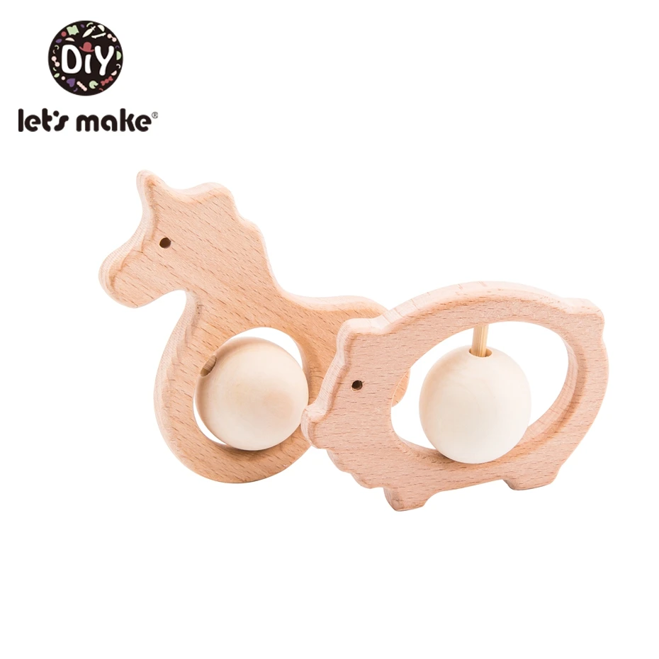 Let's Make 5pc Wooden Teether Natural Beech Wood Teething Toy Soft Infant Crib Bed Stroller Toys Baby Gift Diy Pendant