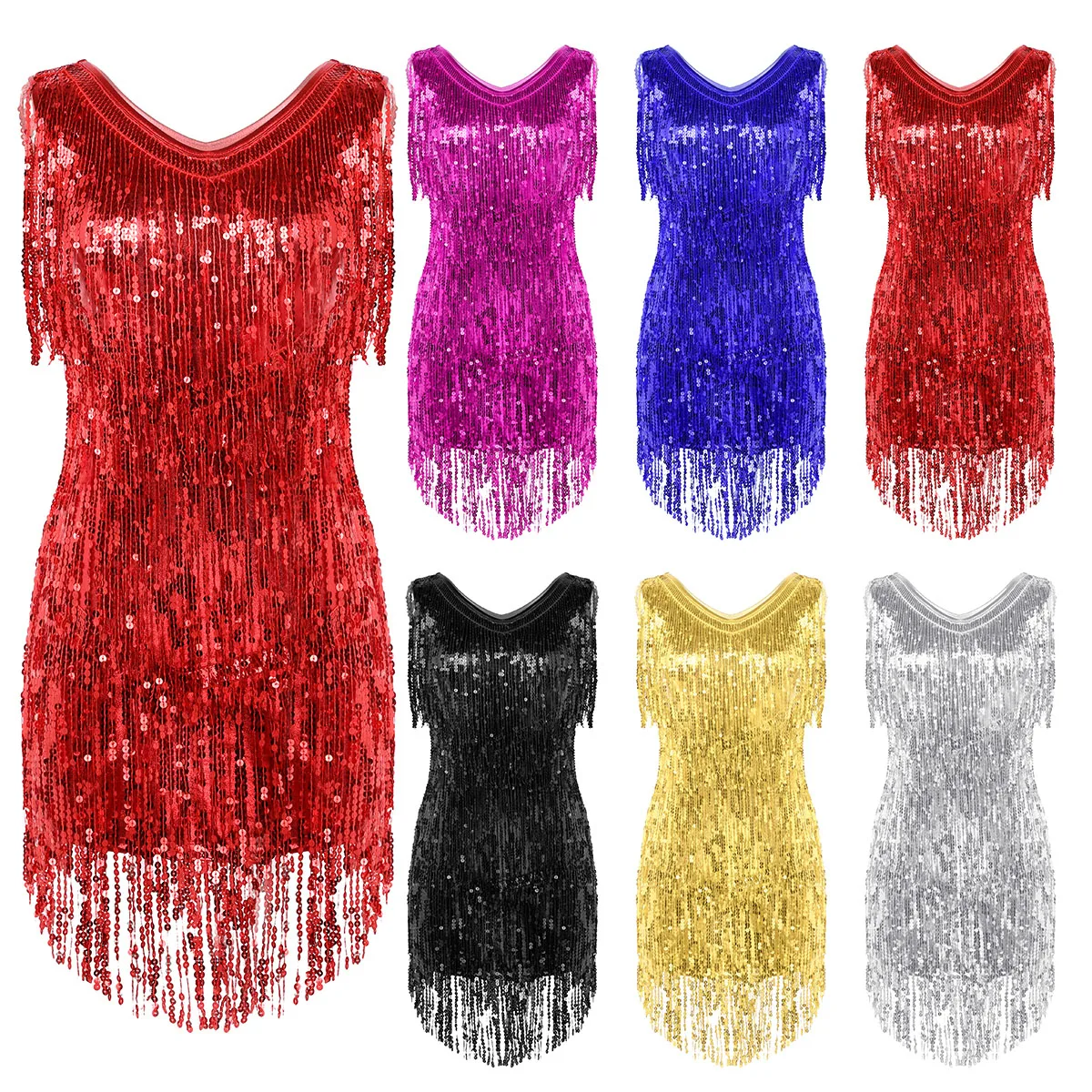 TiaoBug Sparkling Sequins Tassels Sleeveless Women Ballroom Samba Tango Salsa Fringe Latin Dance Dress Rave Performance Costumes