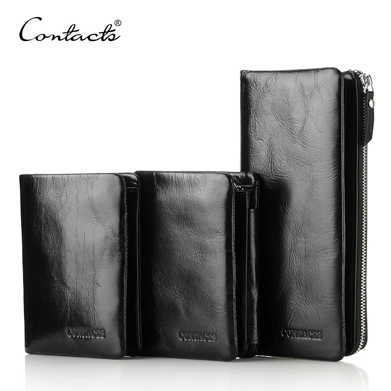 CONTACT\'S Hot Sale Genuine Leather Men Clutch Wallets Card Case Mens Card Holders Purse 3 Style Wallet With Coin Pocket Black