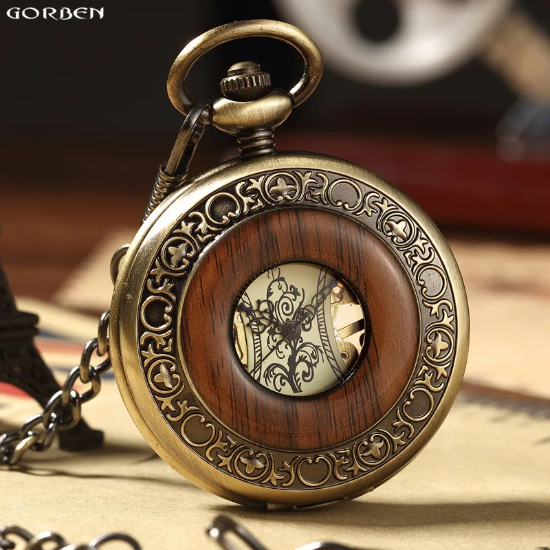 Retro Kayu Lingkaran Skeleton Pocket Watch Pria Wanita Unisex Mekanik Tangan Berliku Vintage Roman Angka Kalung Steampunk Watch