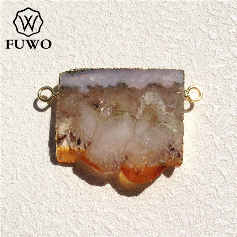 

FUWO Rectangle Natural Citrines Druzy Pendant Golden Plated Double Loops Yellow Crystal Jewelry Wholesale PD138