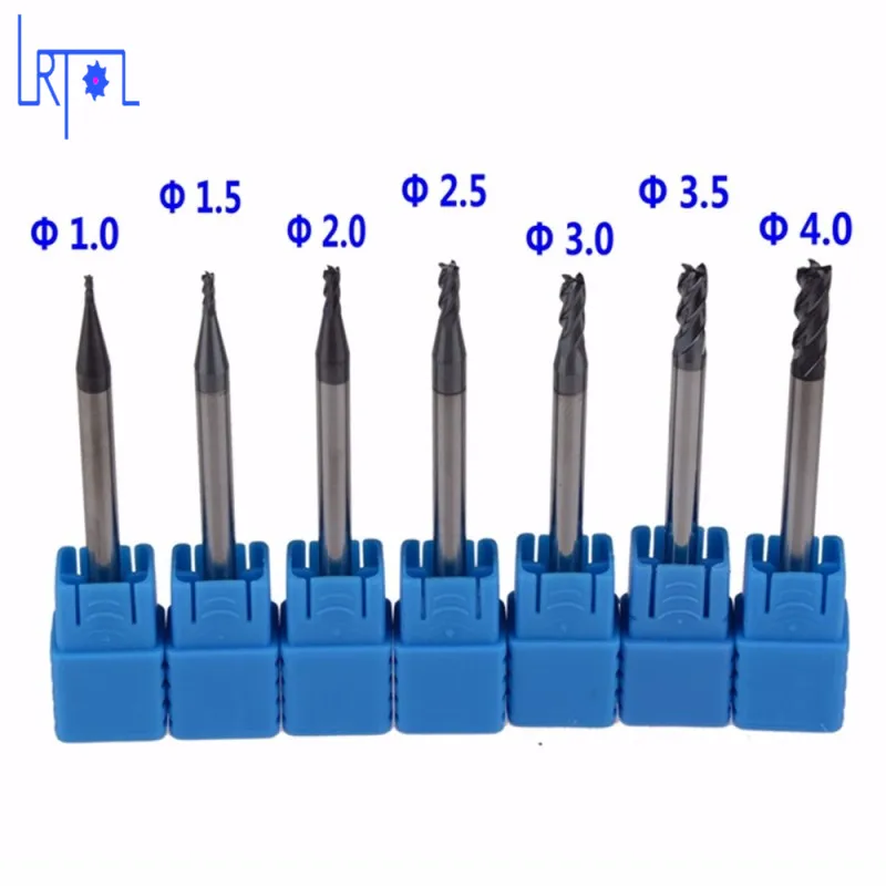 7Pcs HRC45 Four 4 Flutes 1 1.5 2 2.5 3 3.5 4*50 Micro Solid Carbide Flat End Bit Set Milling Cutter for CNC Machine Metal