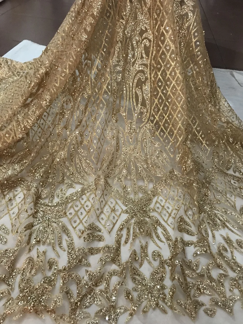 

New design african glued glitter lace fabric L-019 French tulle lace fabric with glitter For Wedding