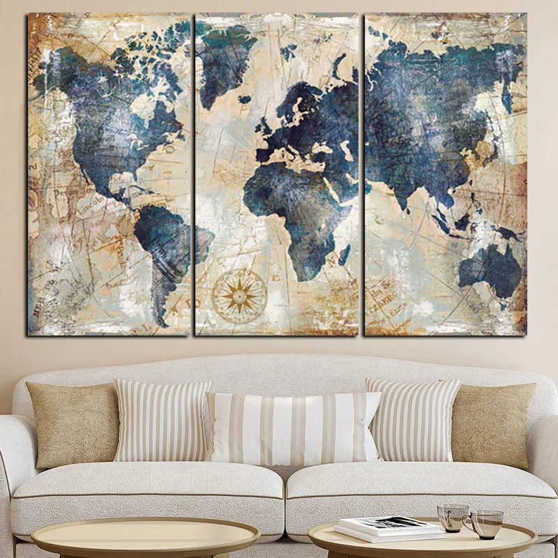 Watercolor World Map Modular Painting Posters and Prints on Canvas, Scandinavian Wall Art, Picture for Living Room, 3Panel