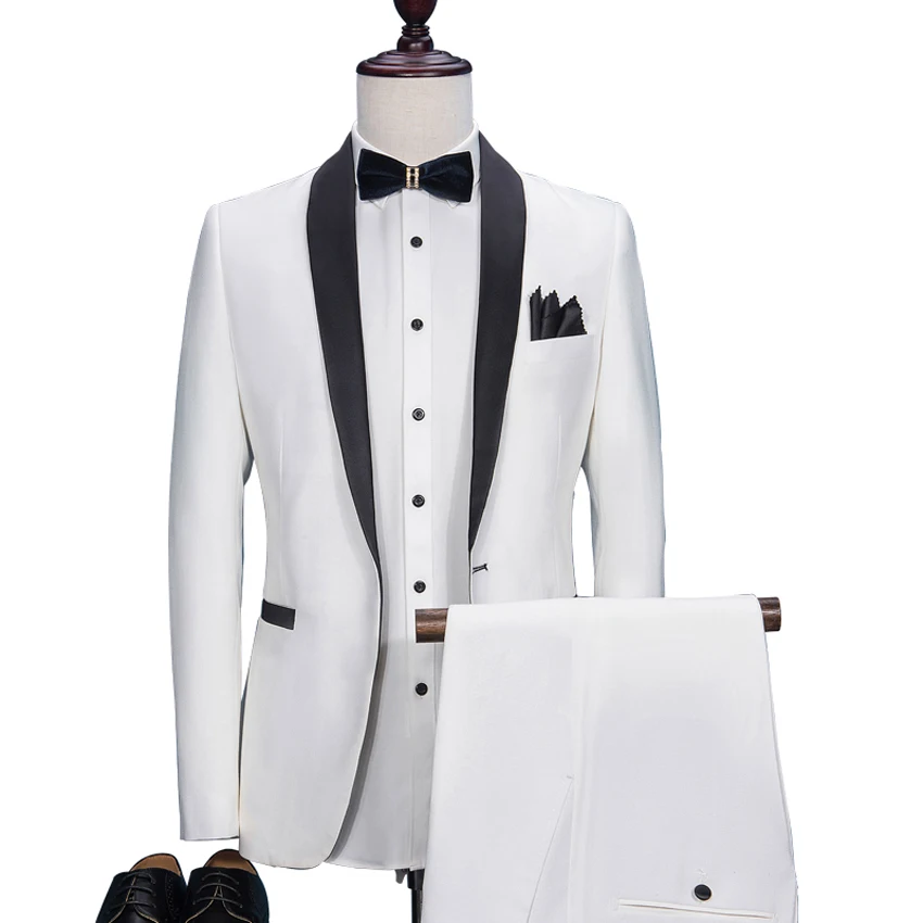 New High Quality 2025 White Groom Tuxedos Slim Fit Tailored Suit Black Shawl Lapel Wedding Suits For Men (Jacket+Pants) image 2